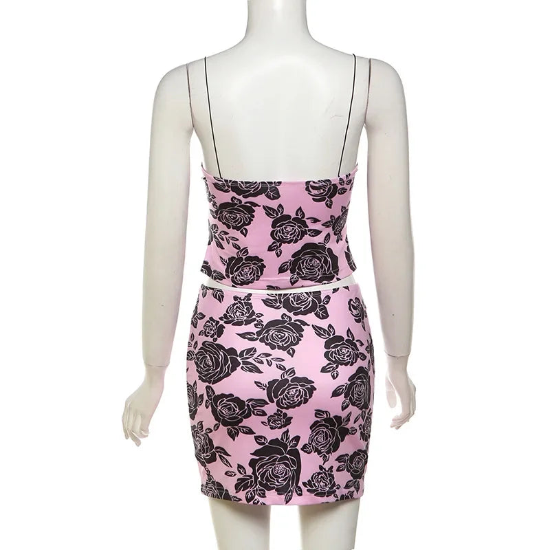 Floral Print Summer Bodycon Y2K Dress Suit Women Sleeveless Backless Crop Top Camis Mini Skirt Two Piece Matching Set Outfits somè
