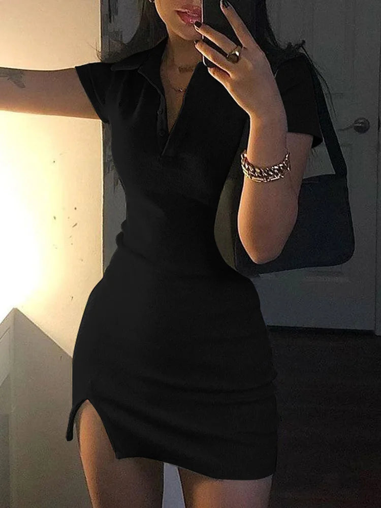 Short Sleeve Slit Mini Dress Summer Women Fashion Streetwear Outfits Cute Solid Party Clothing lè