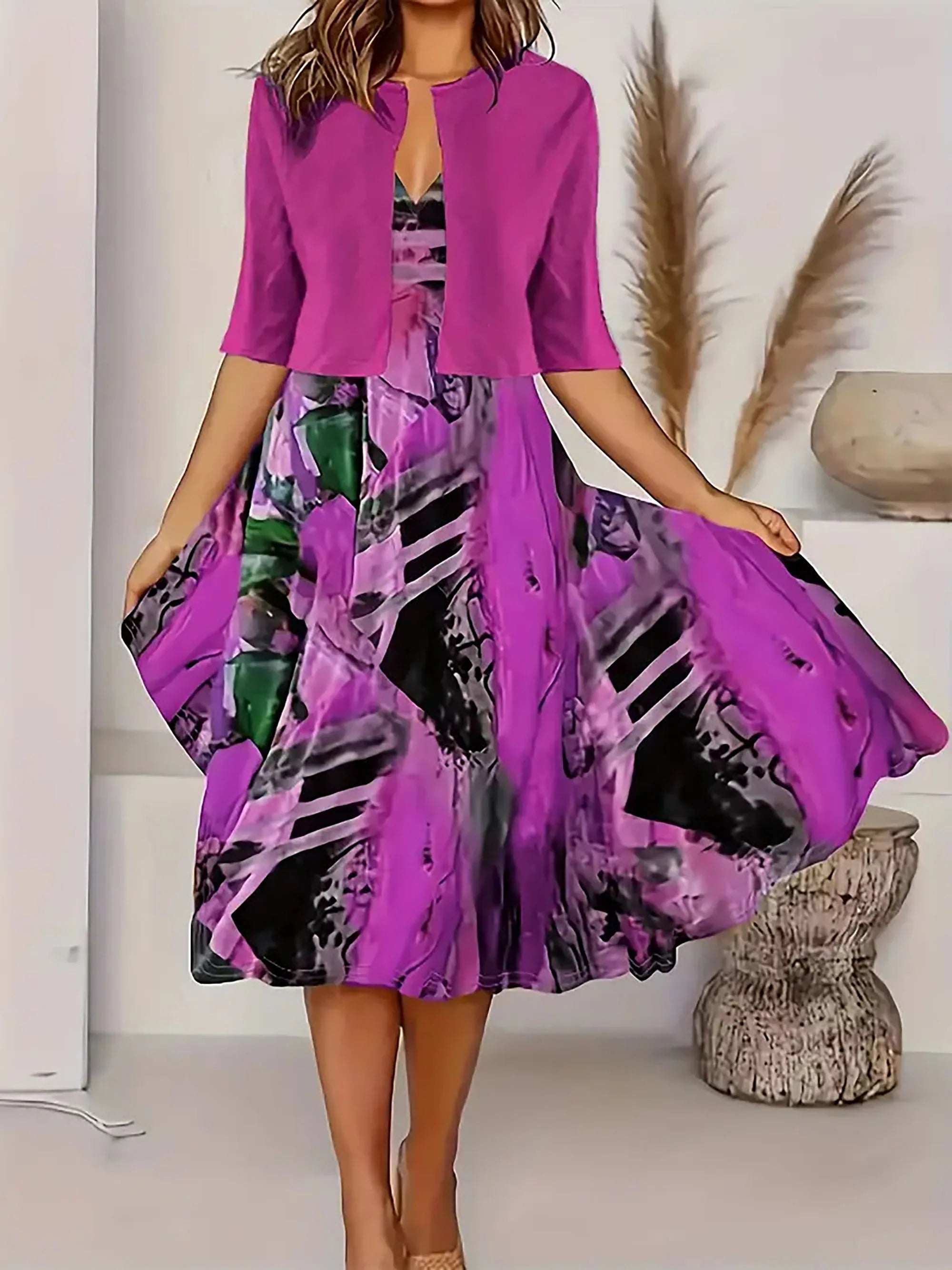 2024 European and American Autumn New Women's Long Dress Two Piece Flower and Grass Print Round Neck Dress Coat Women