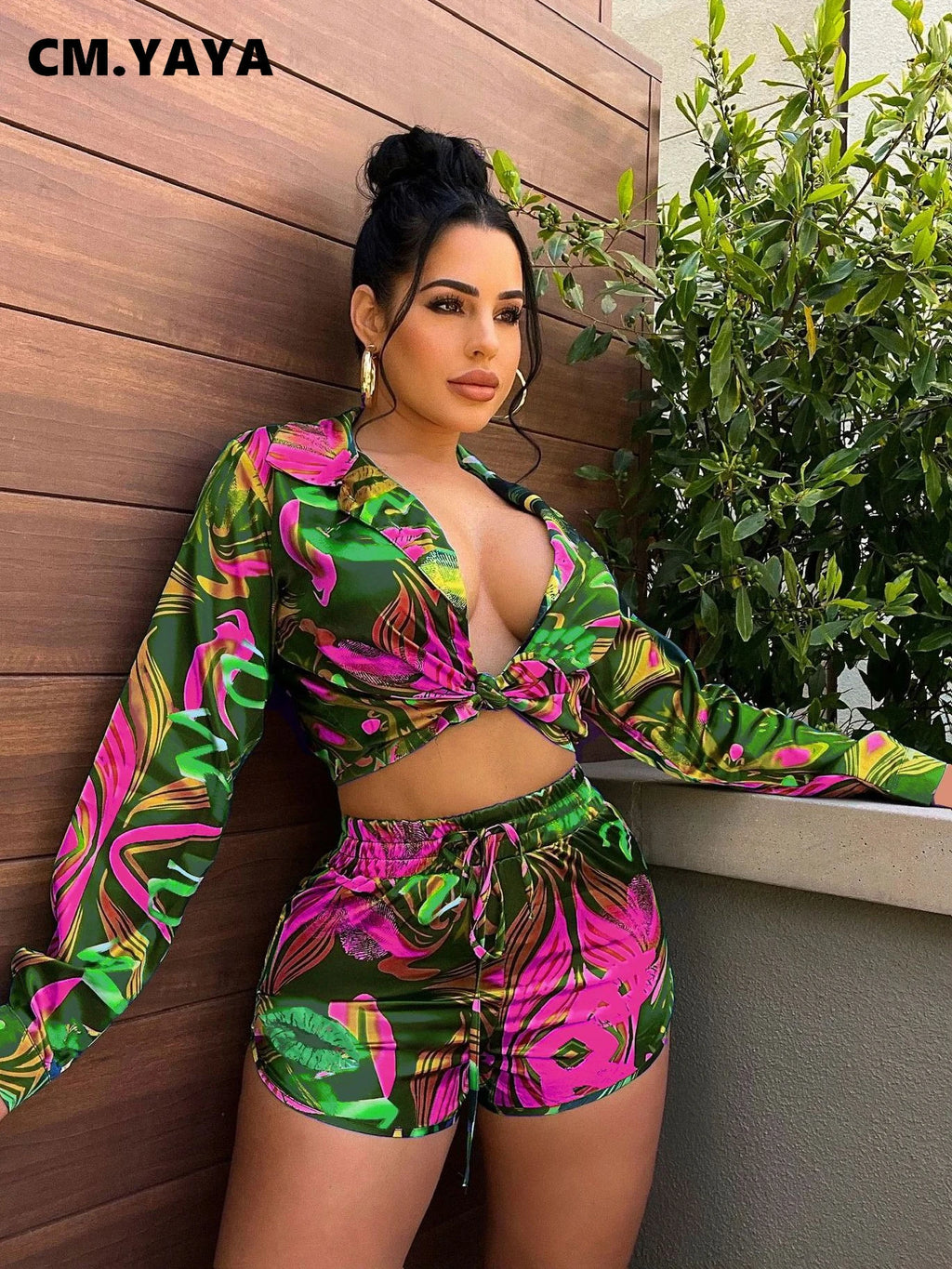 CM.YAYA Elegant Wave Striped Women's Set Long Sleeve Shirt and Shorts INS Chic Street Fashion Tracksuit Two 2 Piece Set Outfits