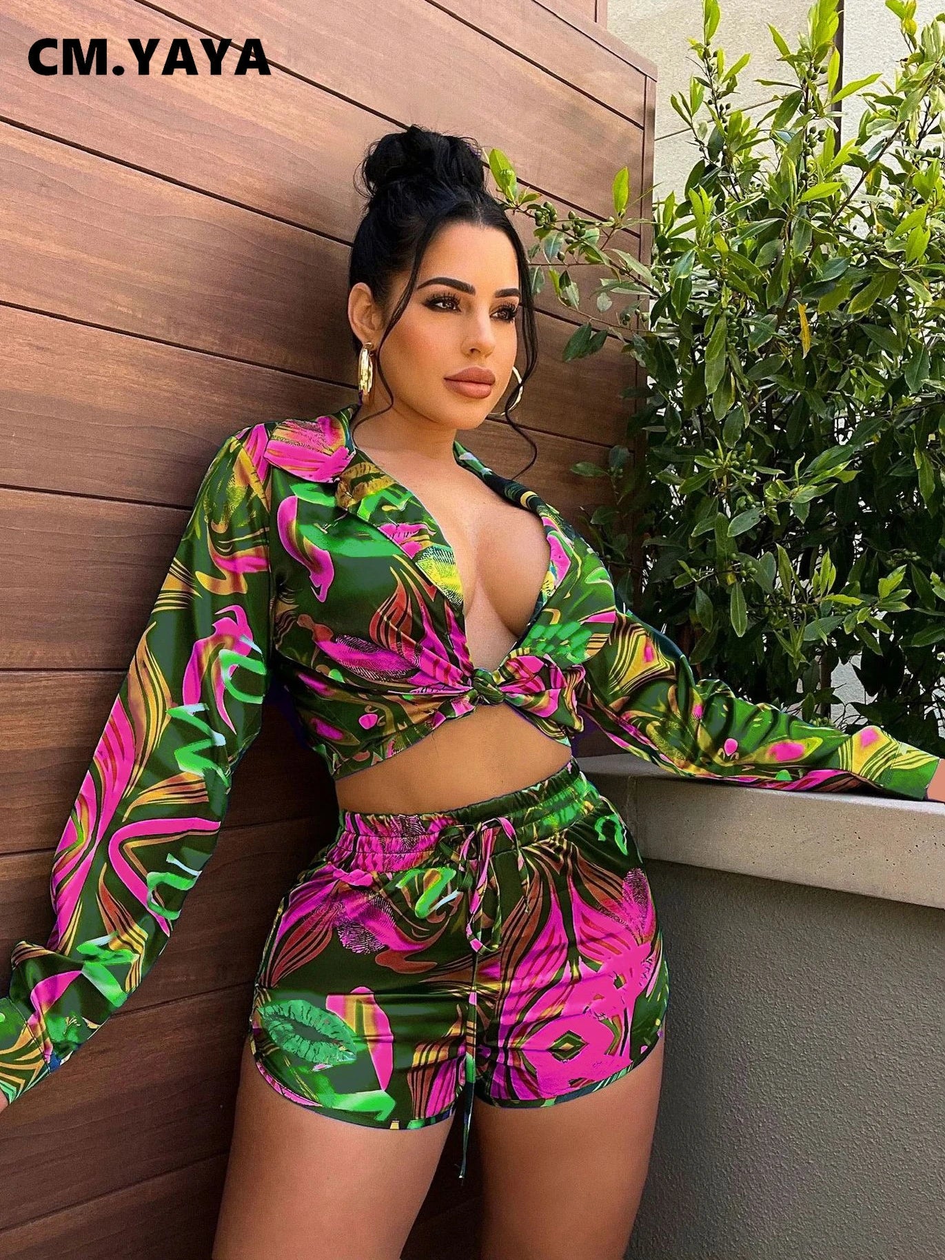 CM.YAYA Elegant Wave Striped Women's Set Long Sleeve Shirt and Shorts INS Chic Street Fashion Tracksuit Two 2 Piece Set Outfits