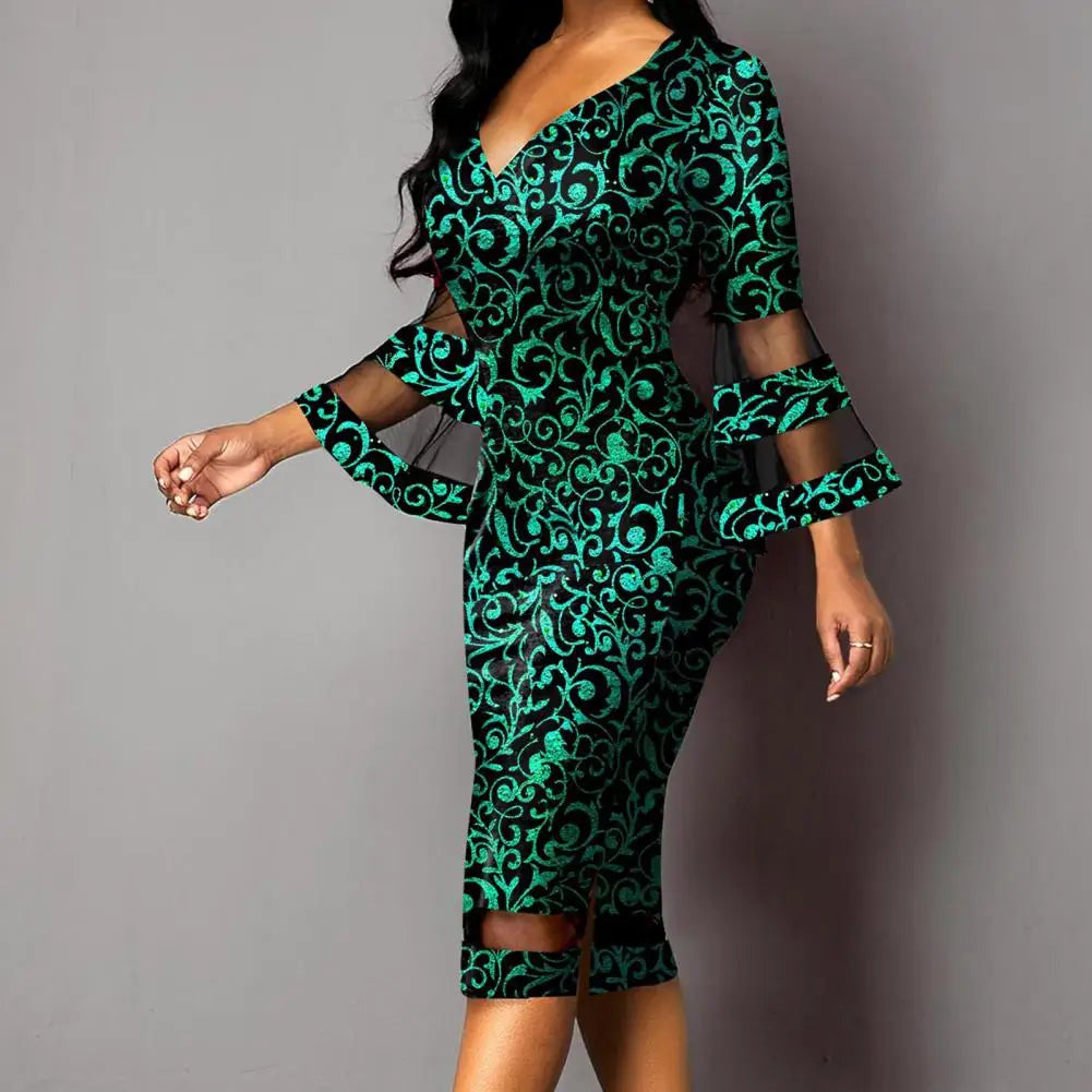 Midi Dress Beautiful Waist Tight Women Dress 3/4 Flare Sleeve Elegant Skinny Dress for Daily Wear