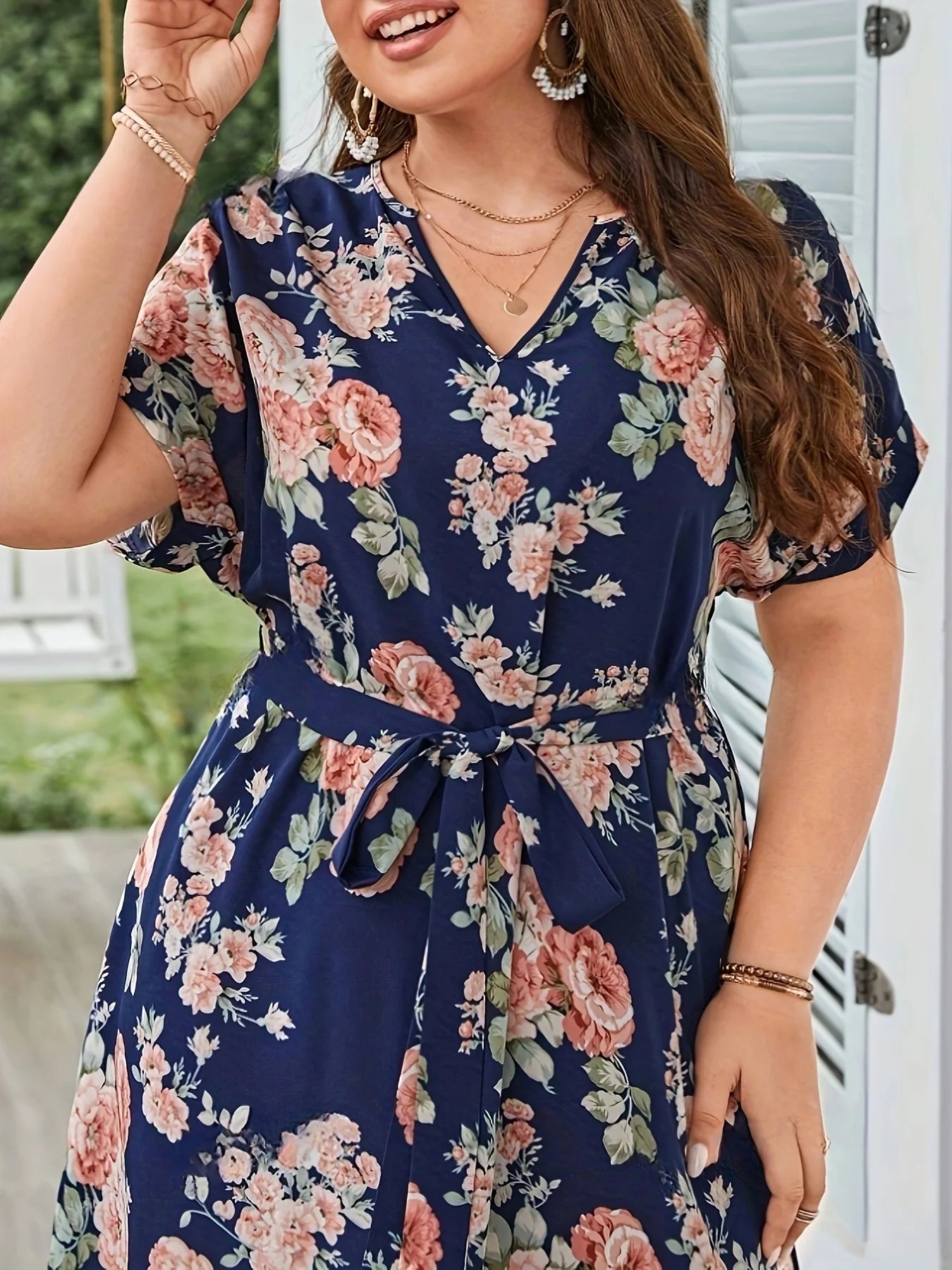 Plus Size Summer Women Elegant Dress Vacation Vintage Floral Print Casual V Neck Lace Up Dresses