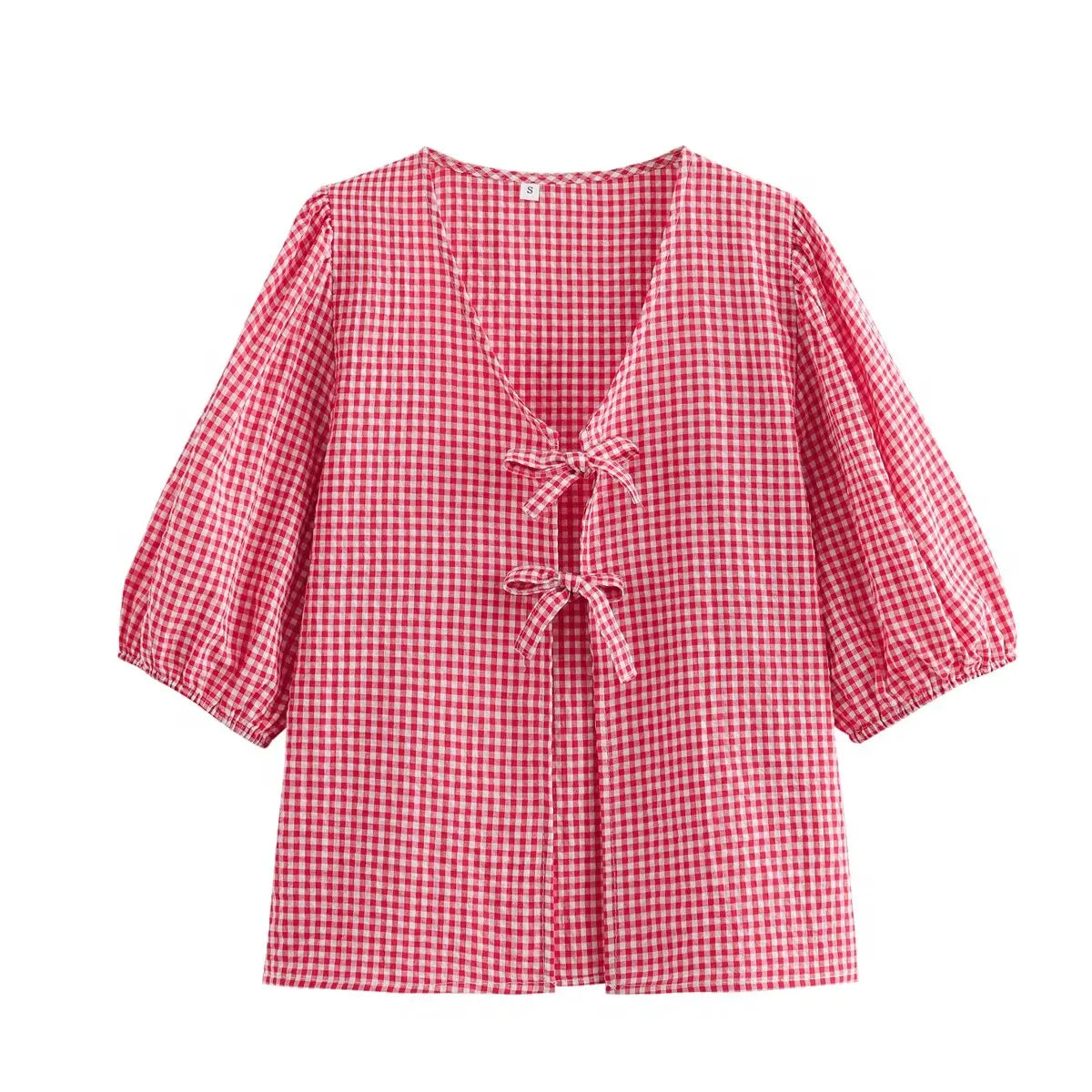 Casual Women Bow Plaid Short Shirt Shorts Suit Female Lace Up Short Sleeve Shirt Top Elastic Waist Loose Shorts Sets somè