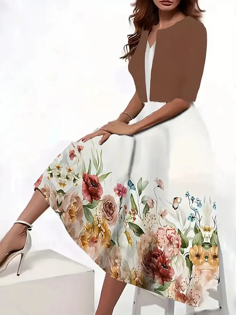 2024 European and American Autumn New Women's Long Dress Two Piece Flower and Grass Print Round Neck Dress Coat Women