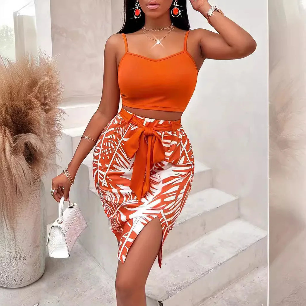 Spring and Summer Print Two Piece Sets Womens Outifits Stylish Halter Crop Short Tops and High Waist Skirt Sets Party Outfits somè