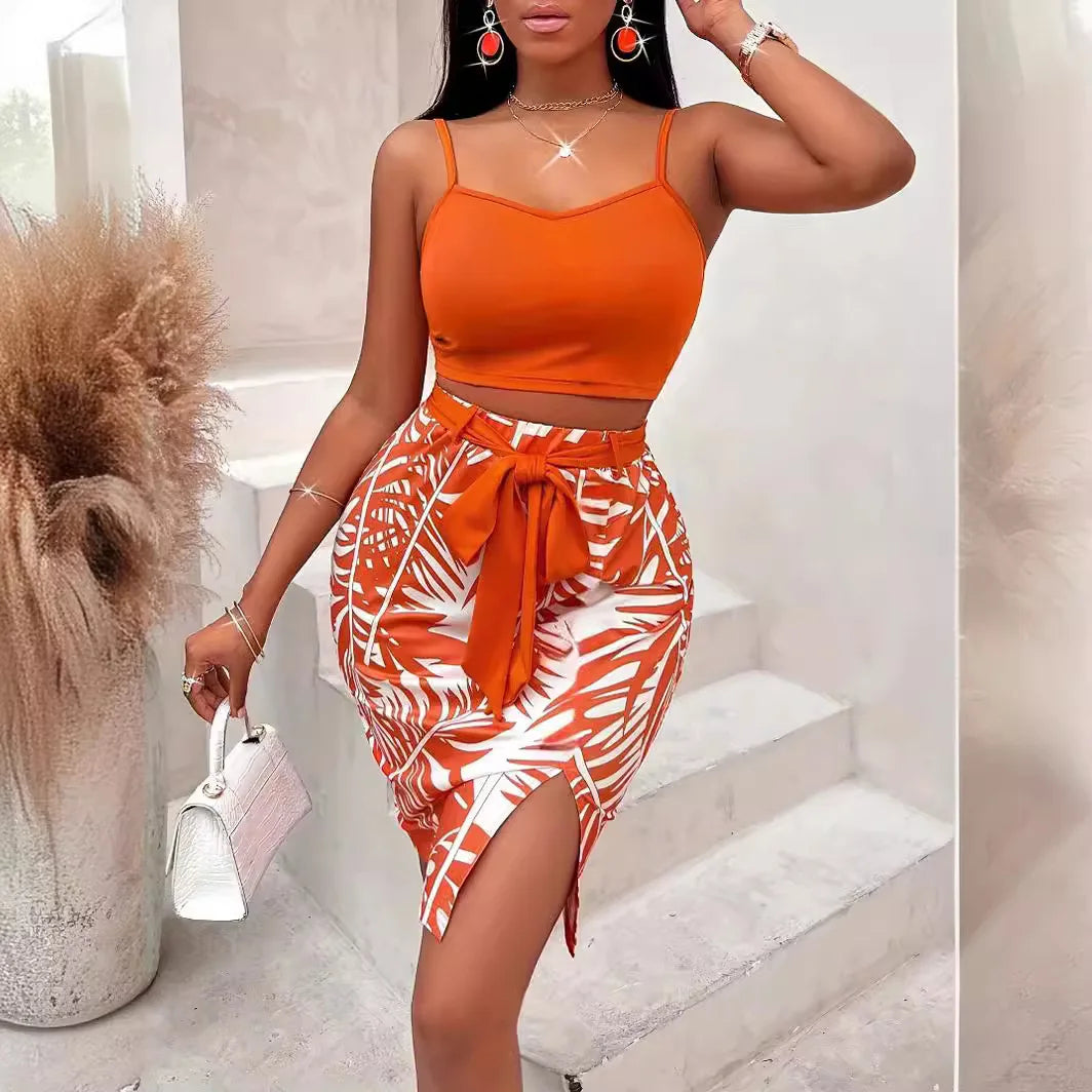 Spring and Summer Print Two Piece Sets Womens Outifits Stylish Halter Crop Short Tops and High Waist Skirt Sets Party Outfits somè