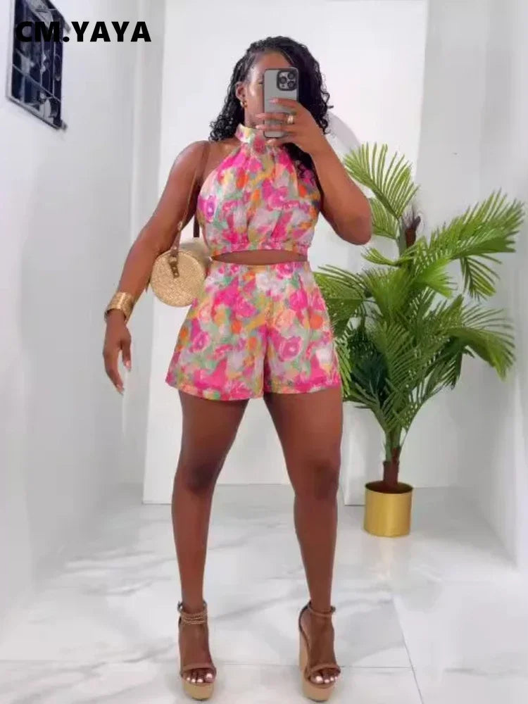 Women's Set floral print Sleeveless Top + Shorts Suit Summer Street Sexy Party Two 2 Piece Set Outfit Tracksuits somè