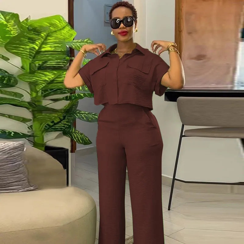 Women's Two Piece Sets Spring Summer Casual Solid Turn-down Neck Short Sleeve Loose Top & Wide Leg Pants Set  Streetwear Outfits somè