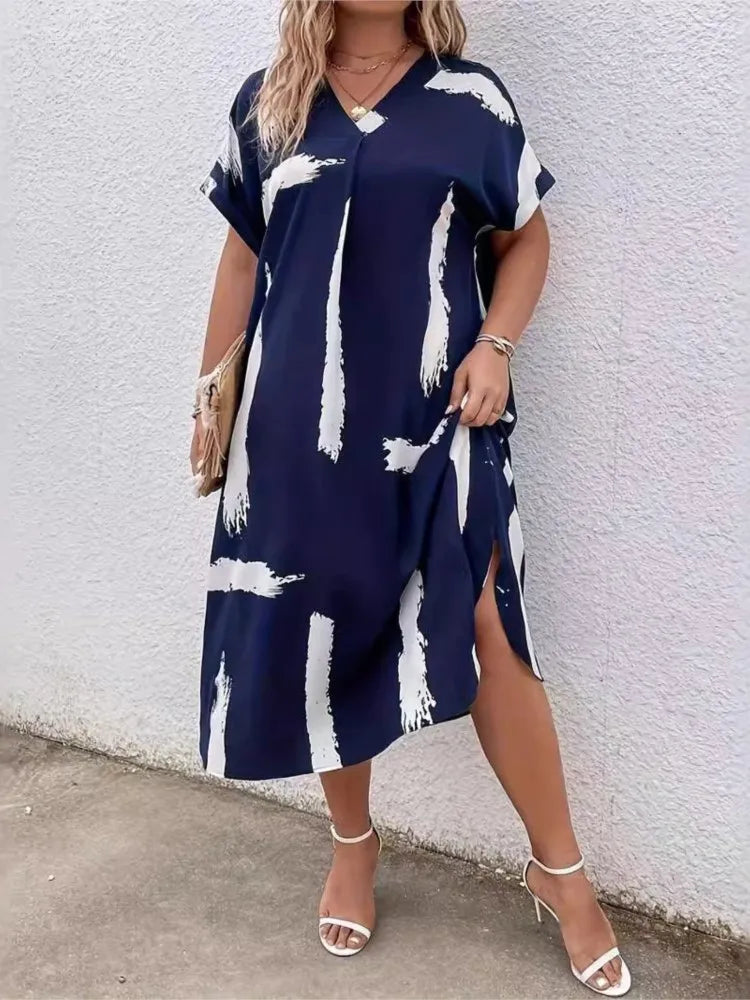 Plus Size Summer V-Neck Midi Dress Women Striped Graffiti Print Fashion Ladies Dresses Casual Loose Pleated Woman Dress somè