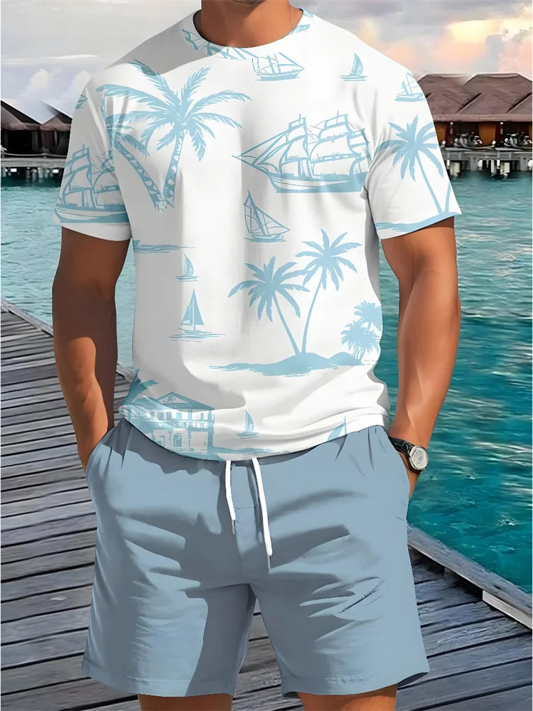 2 Piece Summer Casual Everyday Men's Short Sleeve Shorts Set Hawaiian Print Men's T-shirt Outdoor Sports Men's Beach Shorts 202&