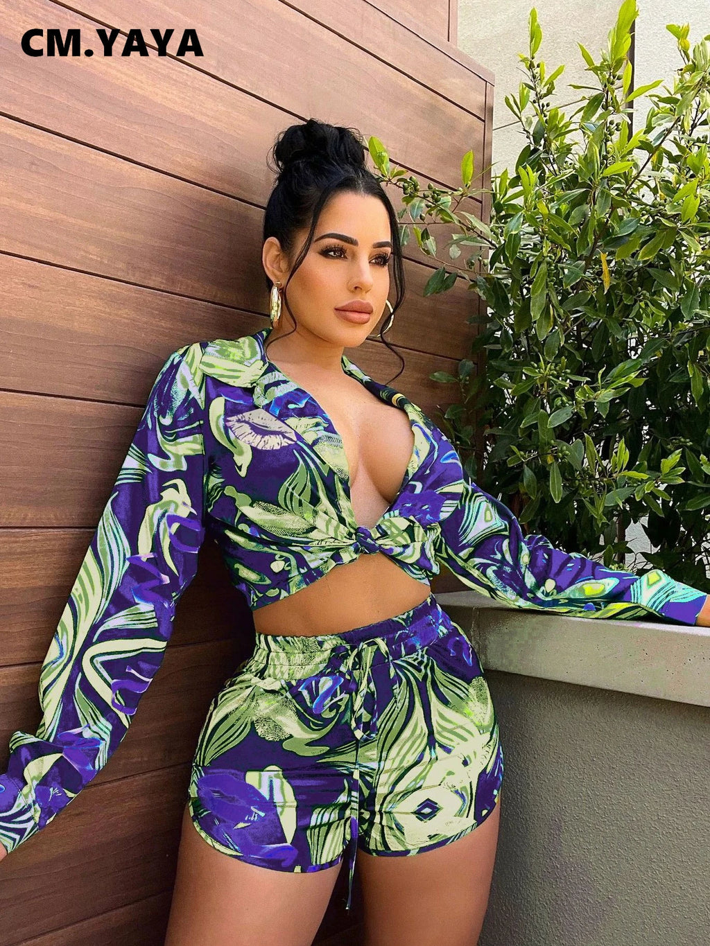 CM.YAYA Elegant Wave Striped Women's Set Long Sleeve Shirt and Shorts INS Chic Street Fashion Tracksuit Two 2 Piece Set Outfits