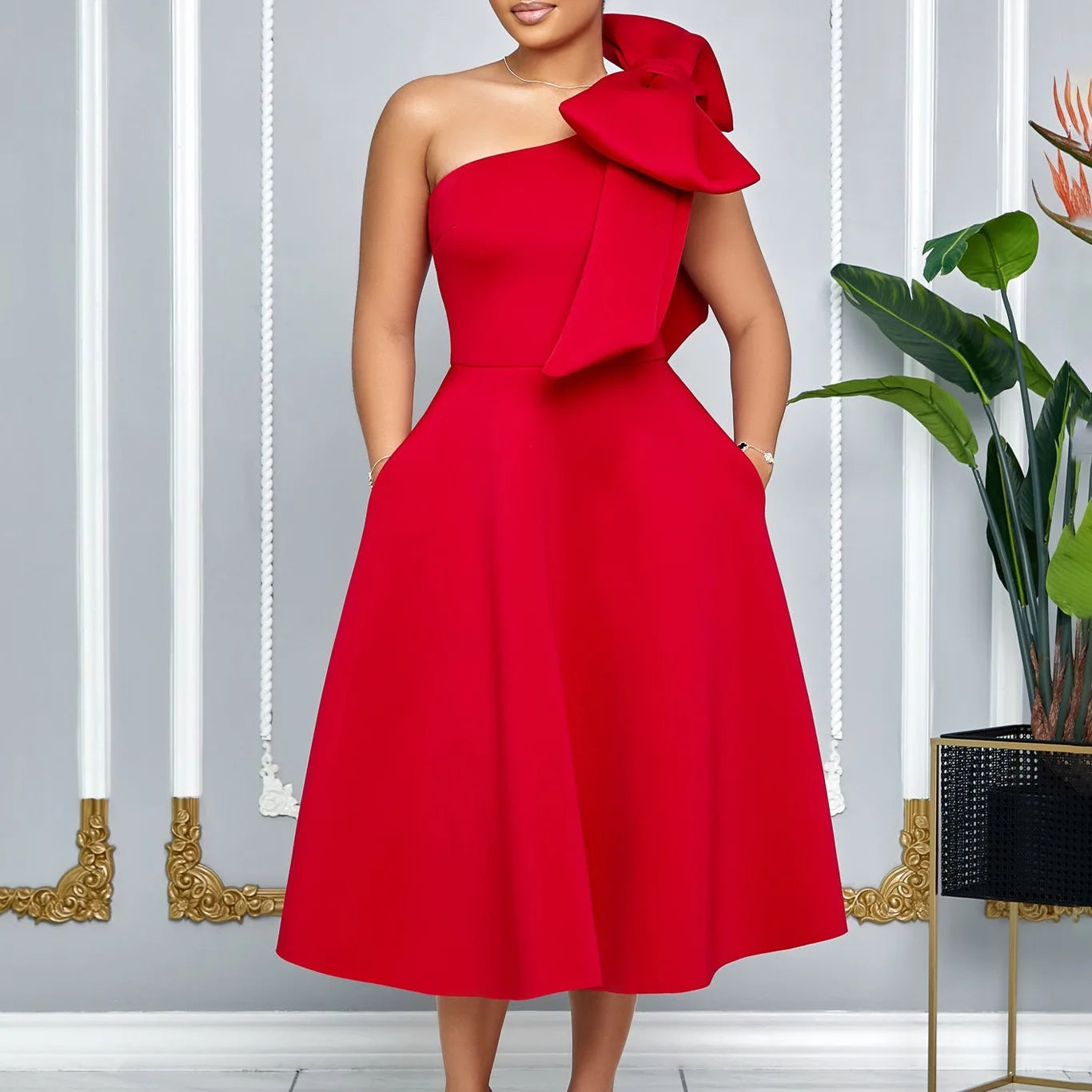 Dresses for Women One Shoulder Bow Decorate High Waisted Pleated Mid Calf Luxury Birthday Party Dinner Vestidos Mujer Dress klt