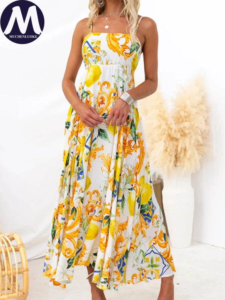 Women's Elegant Sleeveless Sling Dress, Loose High Waisted Long Dresses, Casual Printing, Summer Fashion, somè