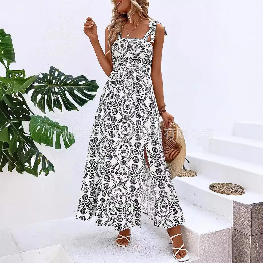 Summer Fashion Sling Maxi Dress Loose Elegant Ruffle A-Line Dress Casual  Floral Printed Women Backless Beach Dresses Midi Dress somè