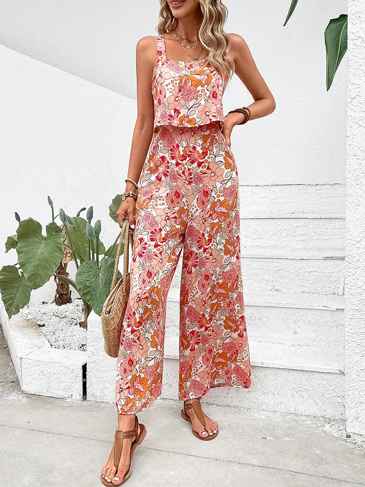 Elegant Long Jumpsuit Women Sexy Backless Wide Leg Jumpsuits Casual Sleeveless Floral Rompers Summer Clothes For Woman vestal