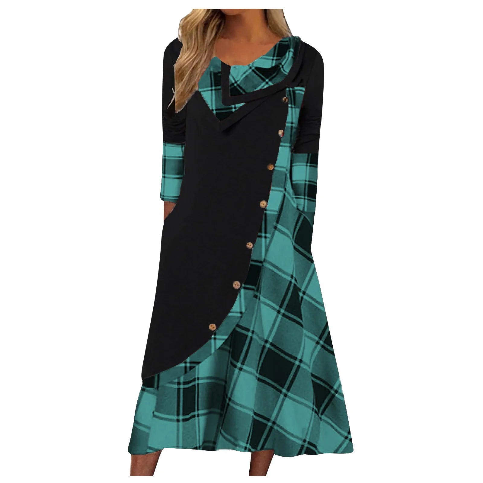 2024 Europe and the United States autumn new women's plaid patchwork button pocket pile pile collar long-sleeved dress women