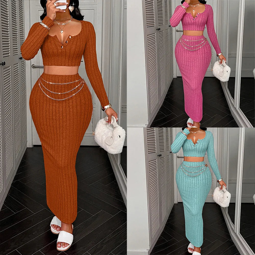 Two Piece Sets Women Skirt Set Full Sleeve Dress Sets Sexy U Neck Bodycon Short Tops Long Skirts Elegant Splice High Waist somè