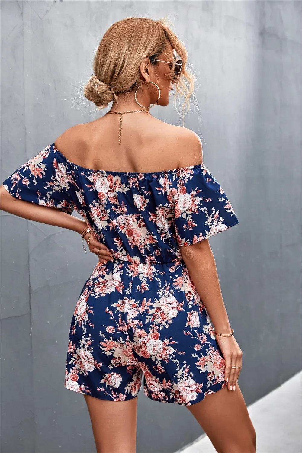 Summer Woman Playsuits Flowers Printed Sexy Off Shoulder Slim Romper Jumpsuit Women Short Sleeve Holiday Beach Playsuit 202&