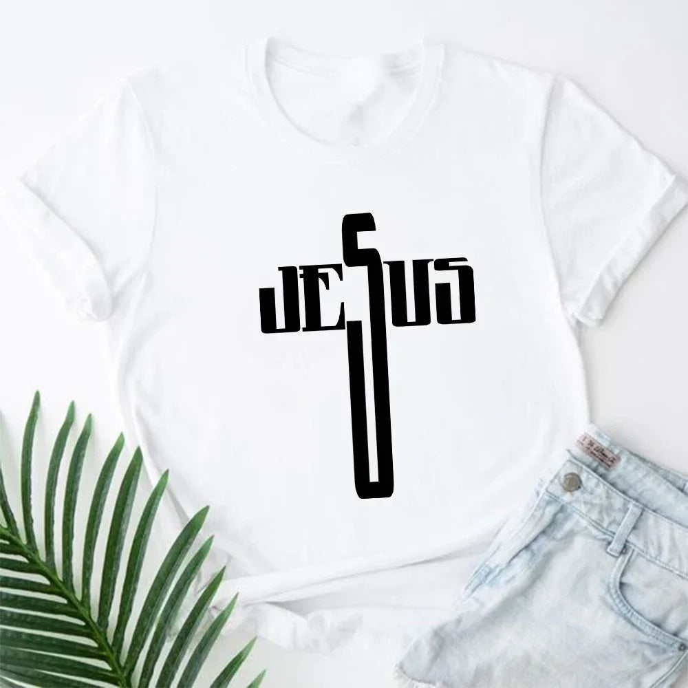 202& Jesus Is King Letter Print Women T-shirt Christian Faith Hope Love Harajuku T Shirts Religion O-neck Tops Tees Streetwears