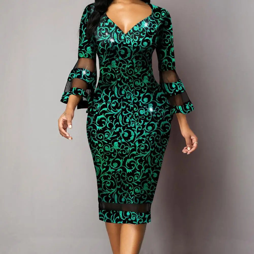 Midi Dress Beautiful Waist Tight Women Dress 3/4 Flare Sleeve Elegant Skinny Dress for Daily Wear