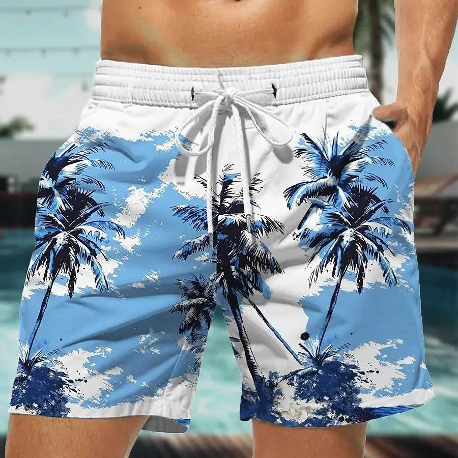 202& Summer Oversized Casual Men's Drawstring Shorts Quick Dry Hawaii Holiday Sports Swimming Trunks Coconut Tree Printed Shorts