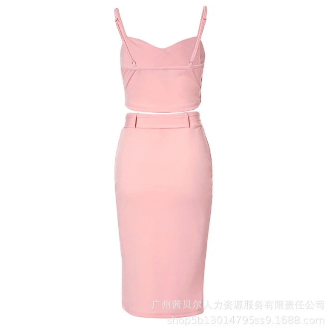 Two Piece Set Women Outfit Summer Fashion Button Decor Spaghetti Strap Crop Cami Top & High Waist Split Midi Skirt Set somè