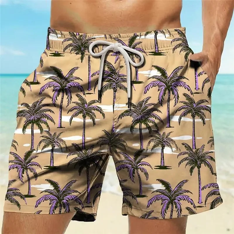 202& Summer Oversized Casual Men's Drawstring Shorts Quick Dry Hawaii Holiday Sports Swimming Trunks Coconut Tree Printed Shorts