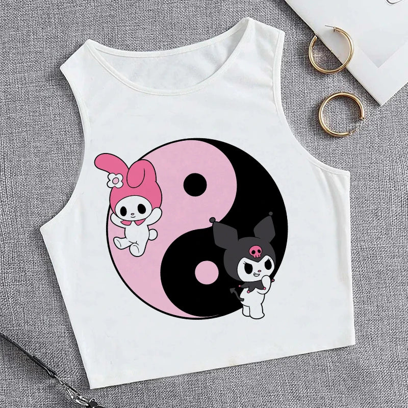 Y2K Vest Crop Top Kuromi T Shirt Cropped Sanrio Kuromi Women Manga T-shirt somè