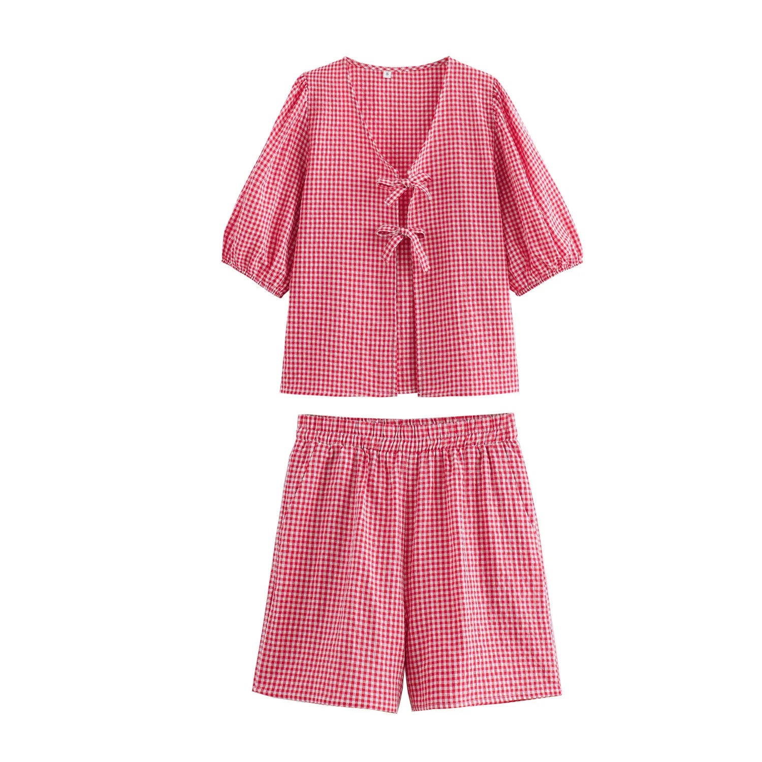 Casual Women Bow Plaid Short Shirt Shorts Suit Female Lace Up Short Sleeve Shirt Top Elastic Waist Loose Shorts Sets somè