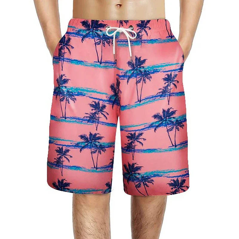 202& Summer Oversized Casual Men's Drawstring Shorts Quick Dry Hawaii Holiday Sports Swimming Trunks Coconut Tree Printed Shorts