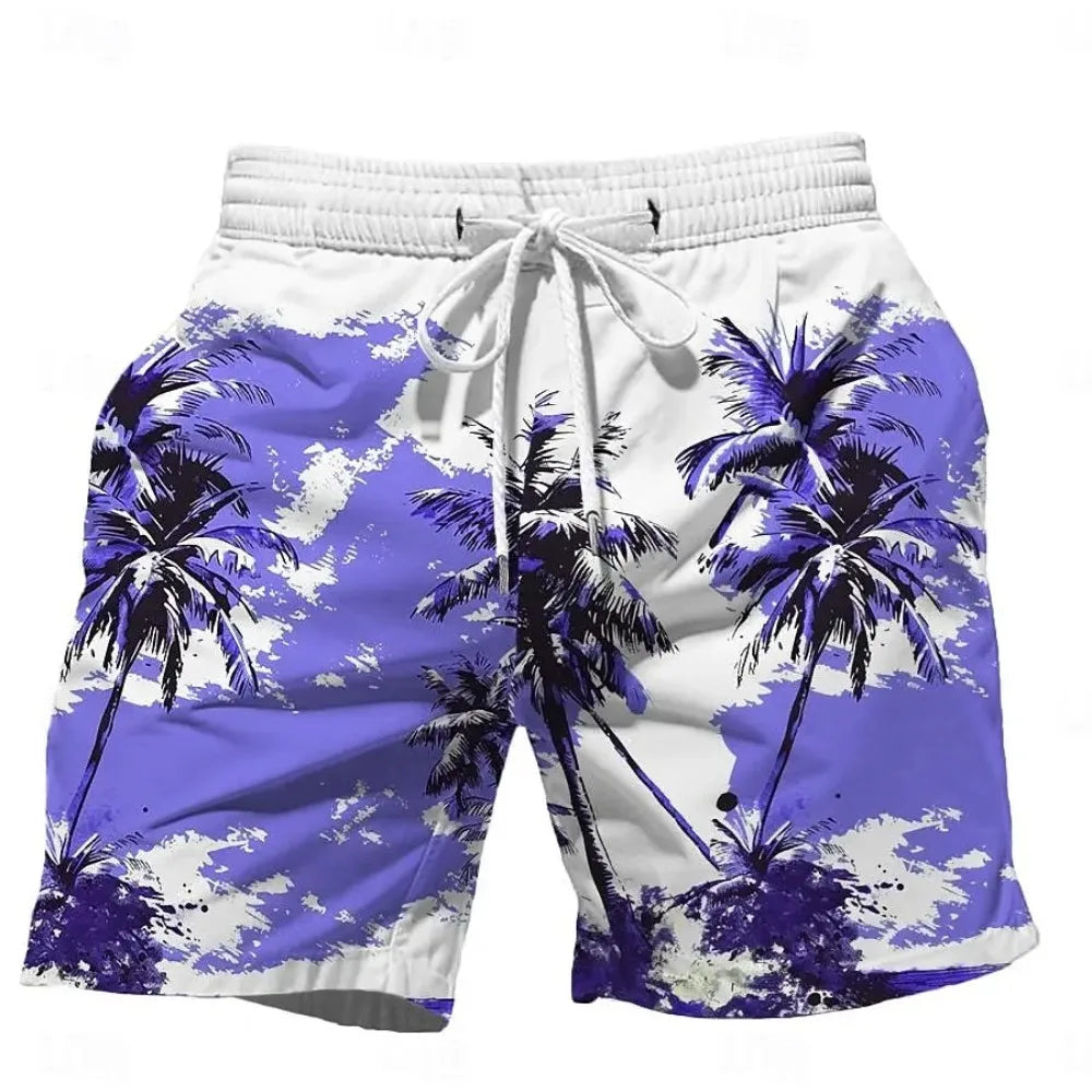 202& Summer Oversized Casual Men's Drawstring Shorts Quick Dry Hawaii Holiday Sports Swimming Trunks Coconut Tree Printed Shorts