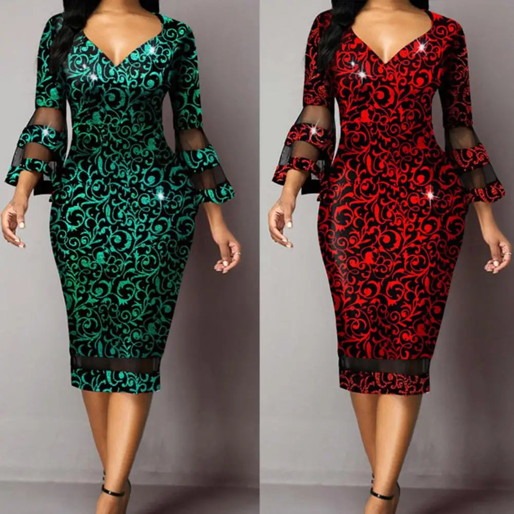 Midi Dress Beautiful Waist Tight Women Dress 3/4 Flare Sleeve Elegant Skinny Dress for Daily Wear