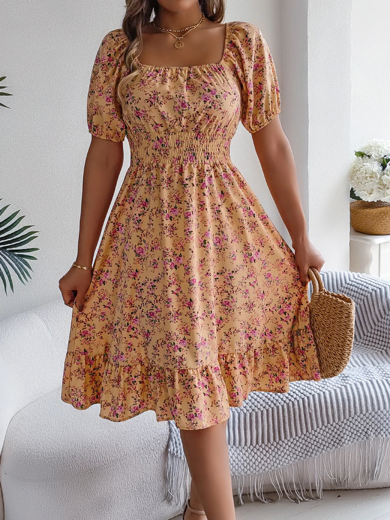 Casual Square Neck Shirred Waist Floral Print Short Sleeve Ruffle Hem Dress For Summer, Women's Clothing somè
