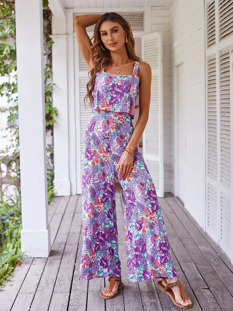 Elegant Long Jumpsuit Women Sexy Backless Wide Leg Jumpsuits Casual Sleeveless Floral Rompers Summer Clothes For Woman vestal