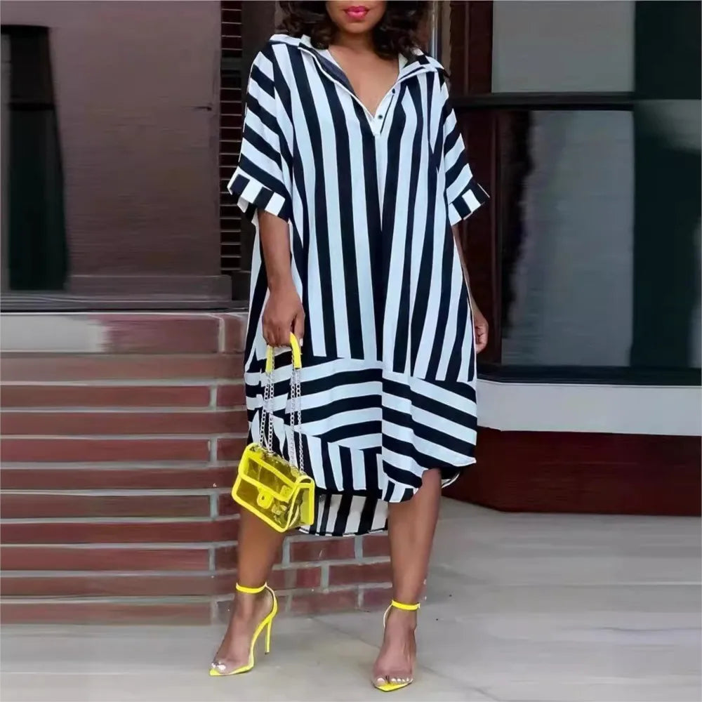Fashion Printed Striped Short Sleeve Loose For Women's Dresses Summer Casual Simple Elegant Female Holiday Shirt Dress