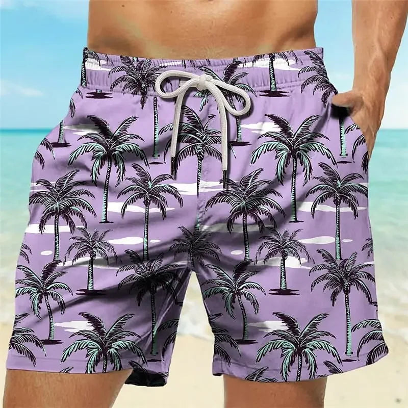 202& Summer Oversized Casual Men's Drawstring Shorts Quick Dry Hawaii Holiday Sports Swimming Trunks Coconut Tree Printed Shorts
