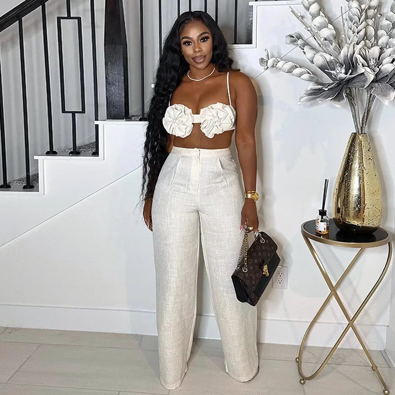 Streetwear Women's Set Sleeveless 3D Flower Crop Bra Top+Wide Leg Pants Elegant beach holiday Two 2 Piece Set Outfits somè