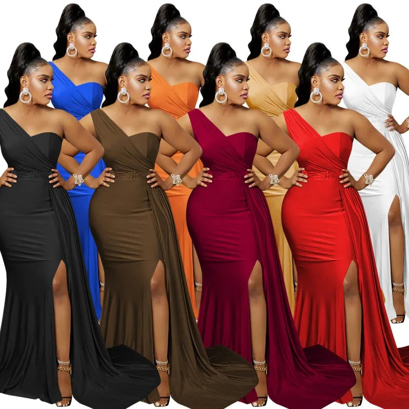 Dresses For Women One Shoulder Sleeveless Robes  New Fashion Solid Slim Draped African Maxi Dress Vestidos klt
