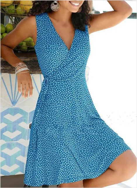 Summer Dress Women's New Casual Dot V Neck Sleeveless Bandage Beach Pop Floral Belt Women's  Clothing Women somè