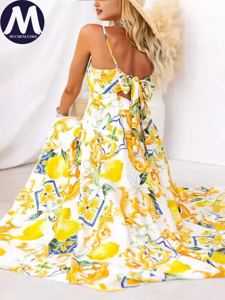 Women's Elegant Sleeveless Sling Dress, Loose High Waisted Long Dresses, Casual Printing, Summer Fashion, somè