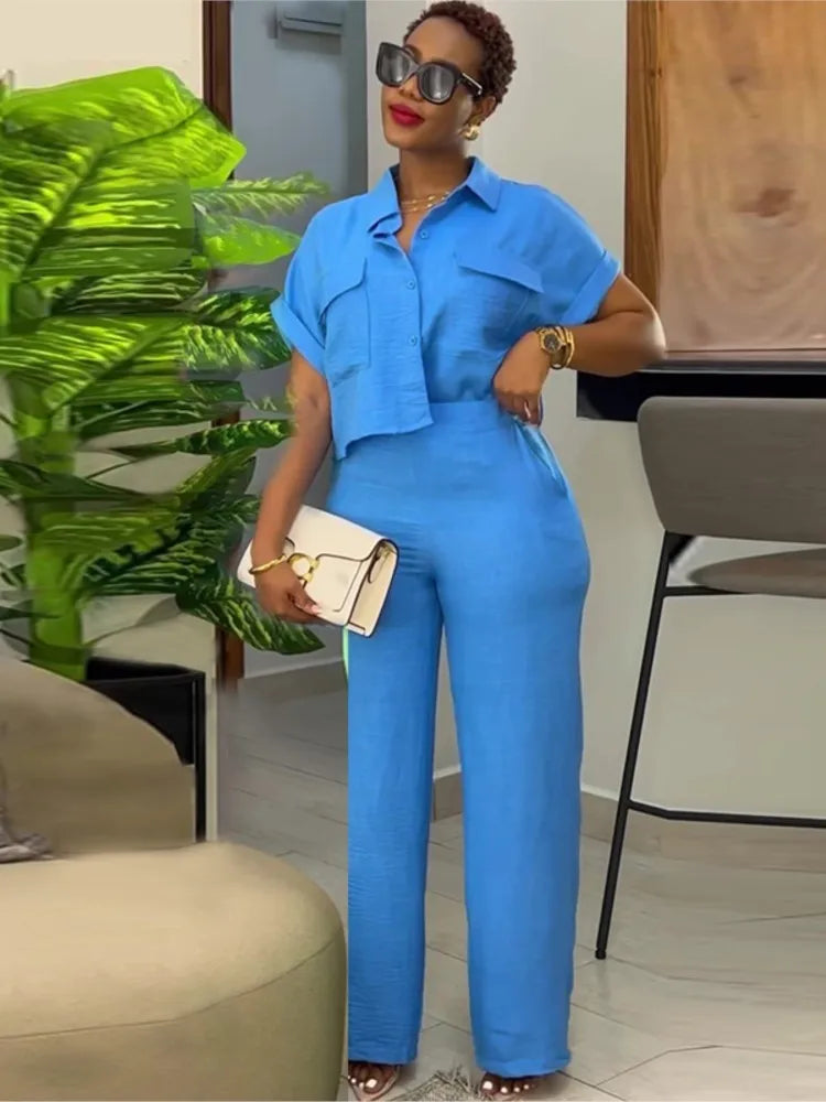 Women's Two Piece Sets Spring Summer Casual Solid Turn-down Neck Short Sleeve Loose Top & Wide Leg Pants Set  Streetwear Outfits somè