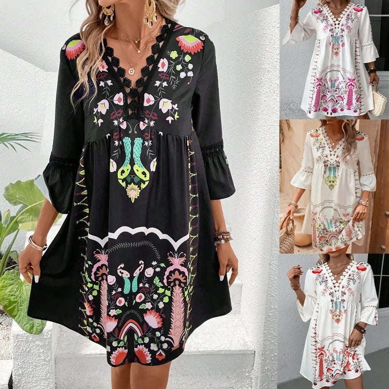 2025 summer new V-neck lace patchwork casual all-matching printed dress somè