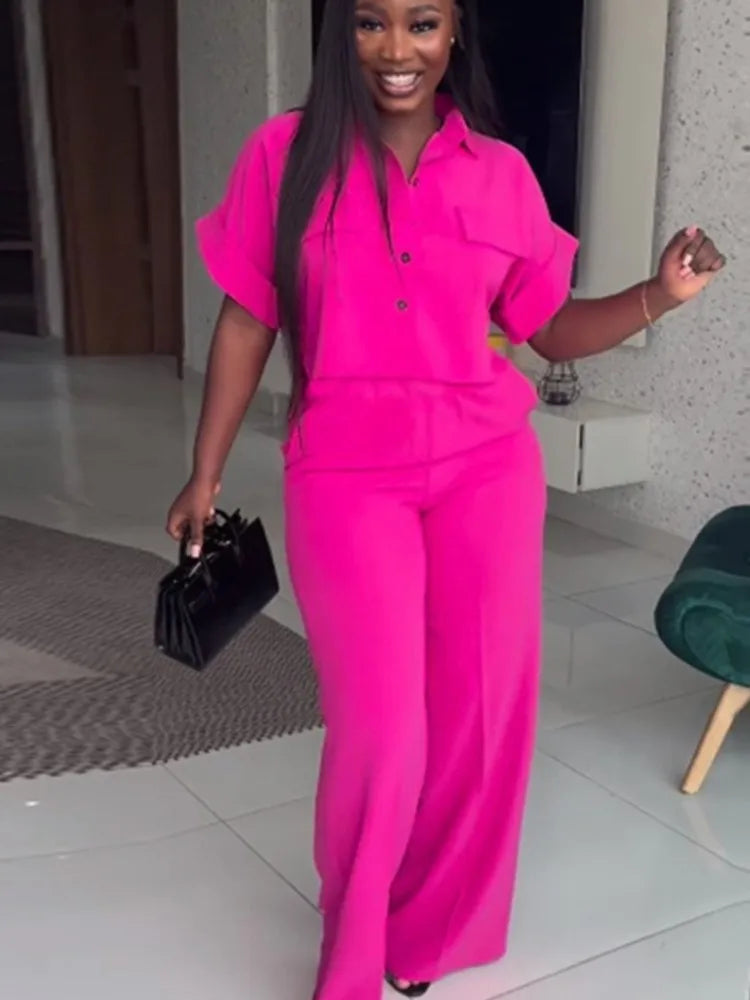 Women's Two Piece Sets Spring Summer Casual Solid Turn-down Neck Short Sleeve Loose Top & Wide Leg Pants Set  Streetwear Outfits somè