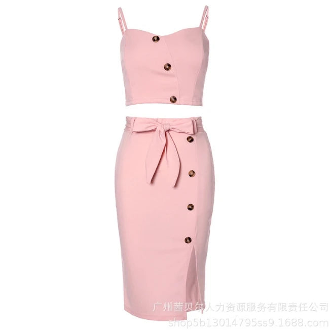 Two Piece Set Women Outfit Summer Fashion Button Decor Spaghetti Strap Crop Cami Top & High Waist Split Midi Skirt Set somè