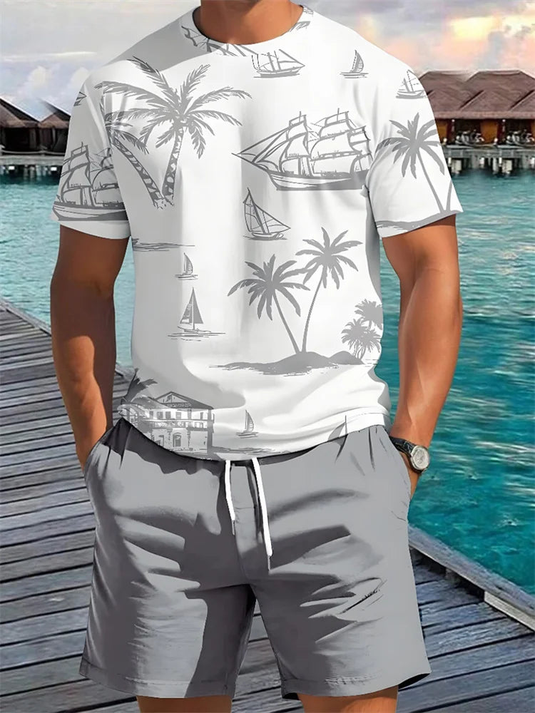 2 Piece Summer Casual Everyday Men's Short Sleeve Shorts Set Hawaiian Print Men's T-shirt Outdoor Sports Men's Beach Shorts 202&
