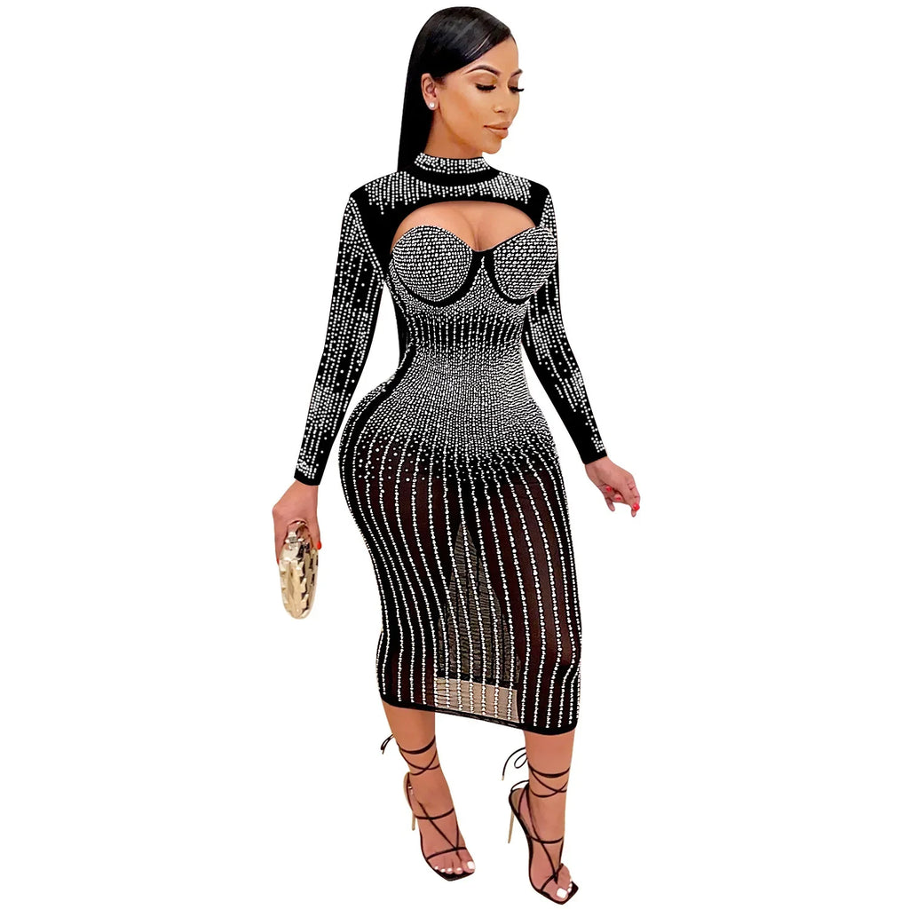 Cross-Border New Product Women's Party Nightclub Mesh Transparent Rhinestone Inlaid Diamond Tank Dress kpy