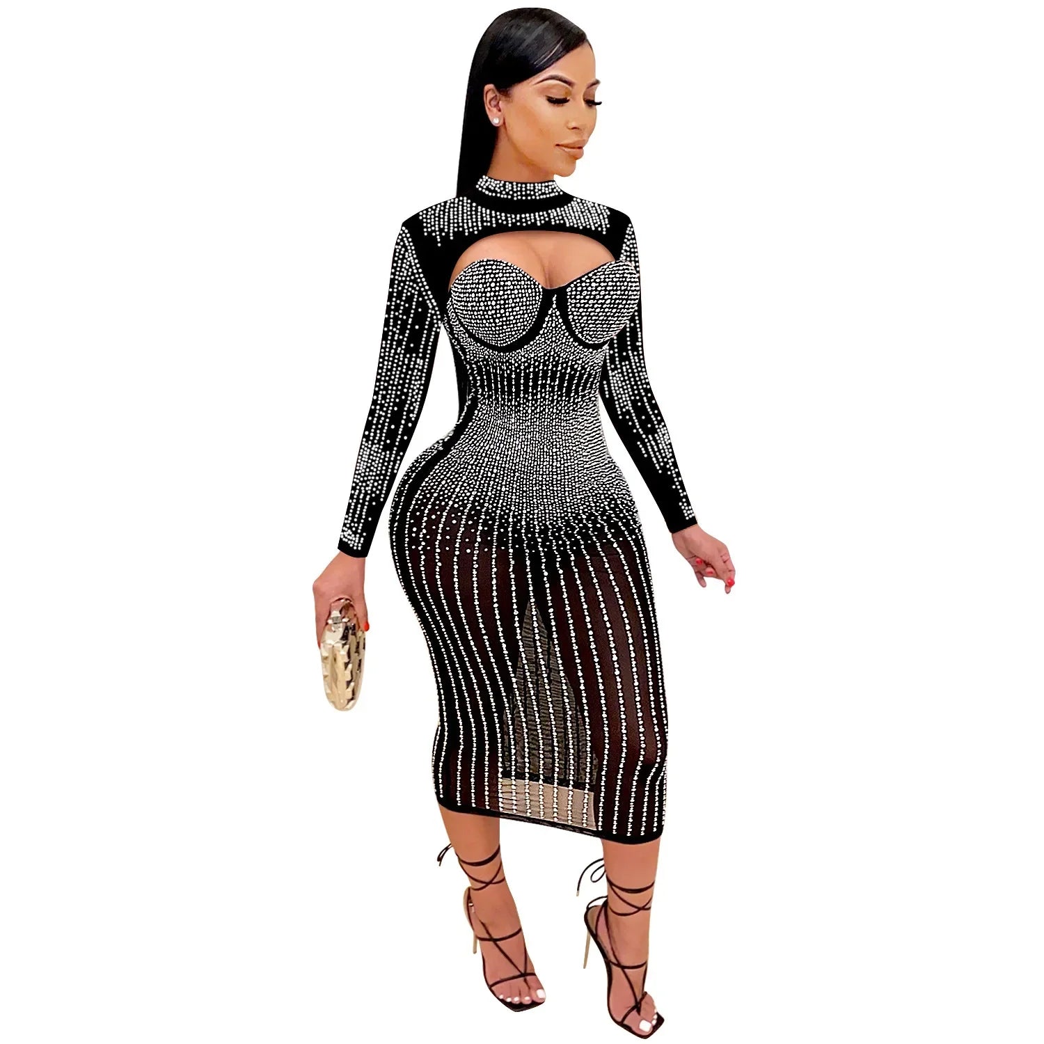 Cross-Border New Product Women's Party Nightclub Mesh Transparent Rhinestone Inlaid Diamond Tank Dress kpy