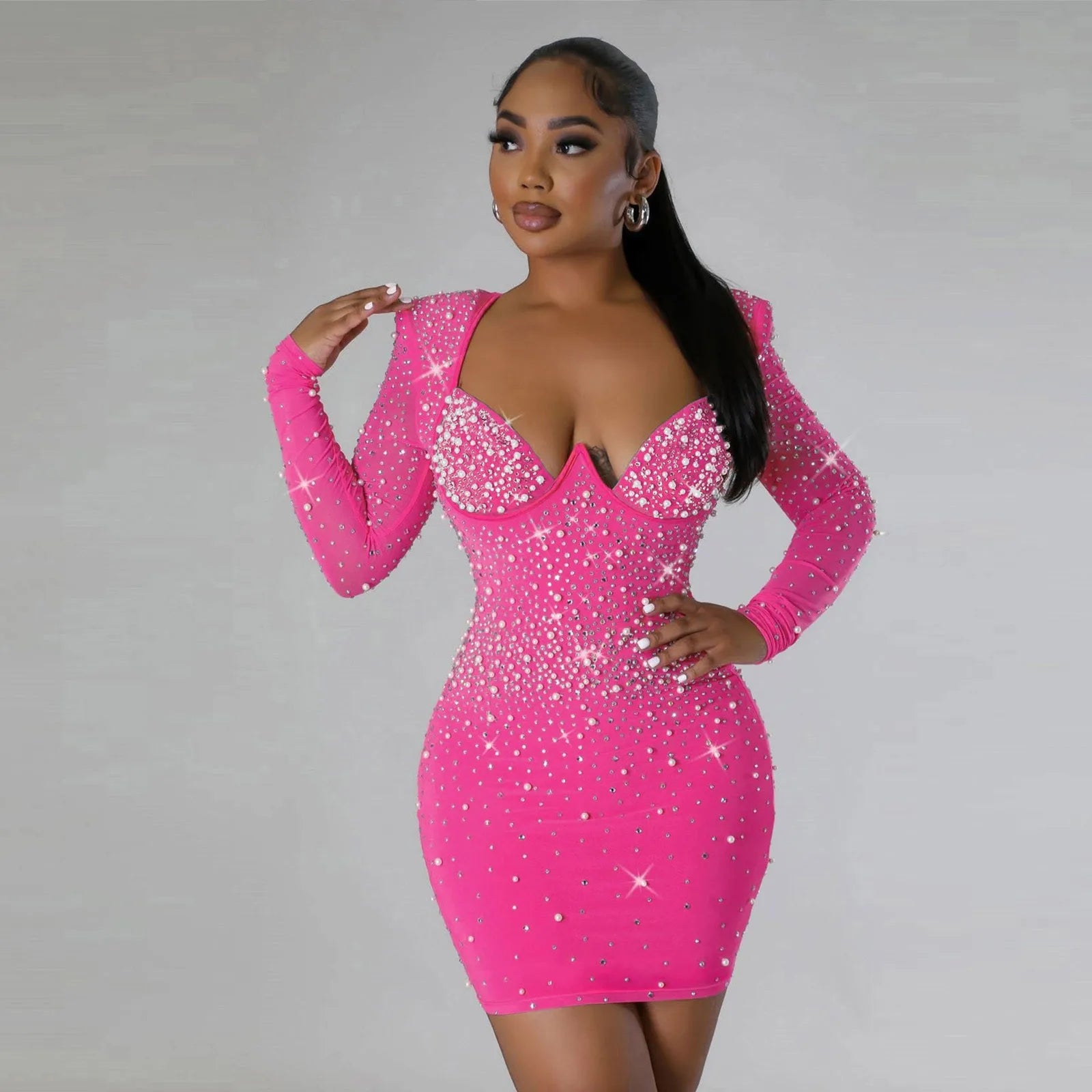 Sexy Sequined Rhinestone Bodycon Dress For Women 2025 New Long Sleeved V-Neck Party Dresses Elegant Evening Prom Gown Vestidos kpy