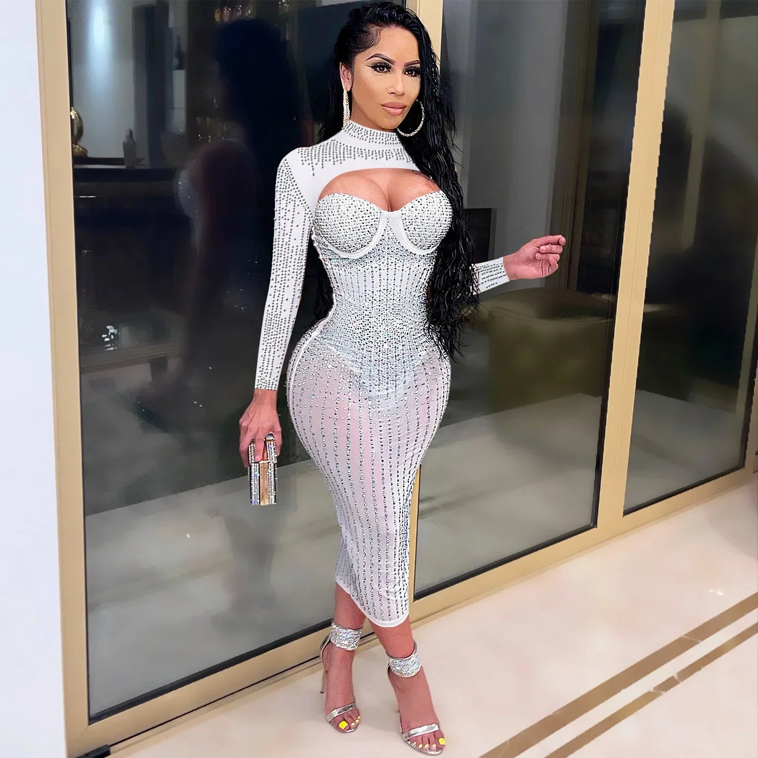 Cross-Border New Product Women's Party Nightclub Mesh Transparent Rhinestone Inlaid Diamond Tank Dress kpy